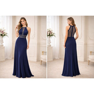 Y2K Morgan & Co Navy Beaded Halter Prom Gown Illusion Back 90s‎ Formal Dress 7